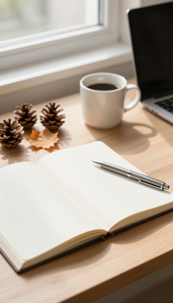Cozy desk with a blank notebook, pen, coffee mug, and autumn leaves ready for seasonal content planning