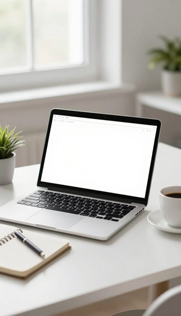 Bright home office desk with an open laptop, notebook, coffee, and a small plant in natural morning light