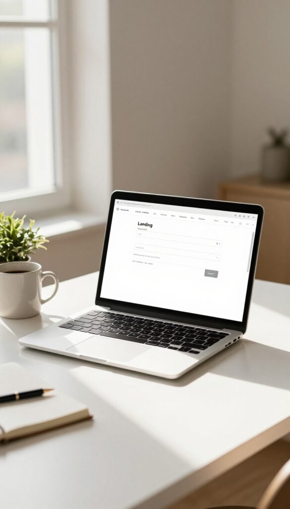 Bright home office desk with an open laptop showing a simple landing page design, coffee mug, plant, and notebook in natural light