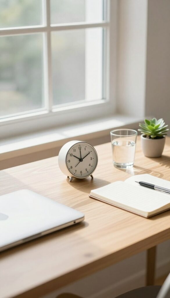 Minimalist sunlit desk with a laptop, round analog timer, and blank notepad representing a focused writing time limit