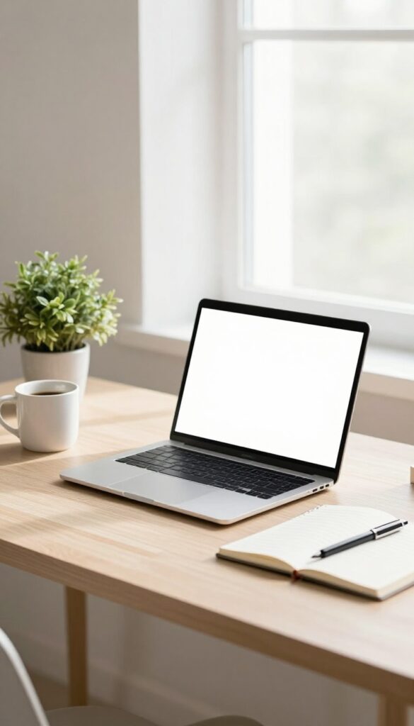 Clean minimal desk with a smartphone and laptop showing blank screens in bright natural light, illustrating a fast-loading mobile-friendly blog theme