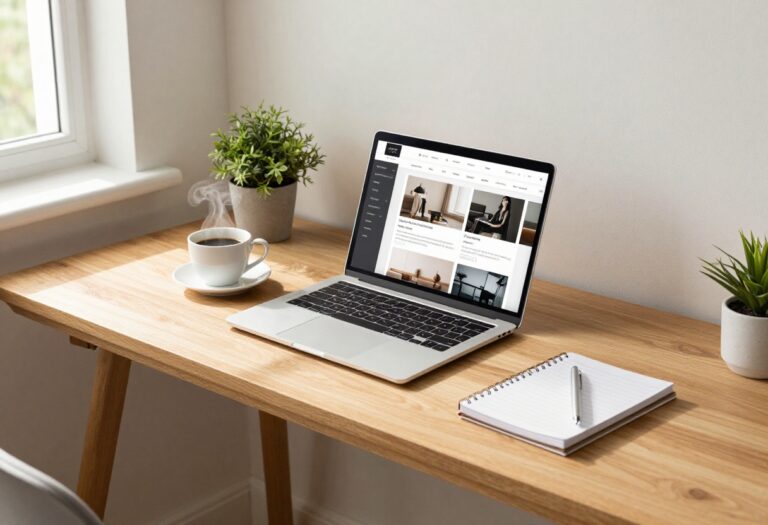 A home office setup with a laptop and coffee, representing blogging for income.