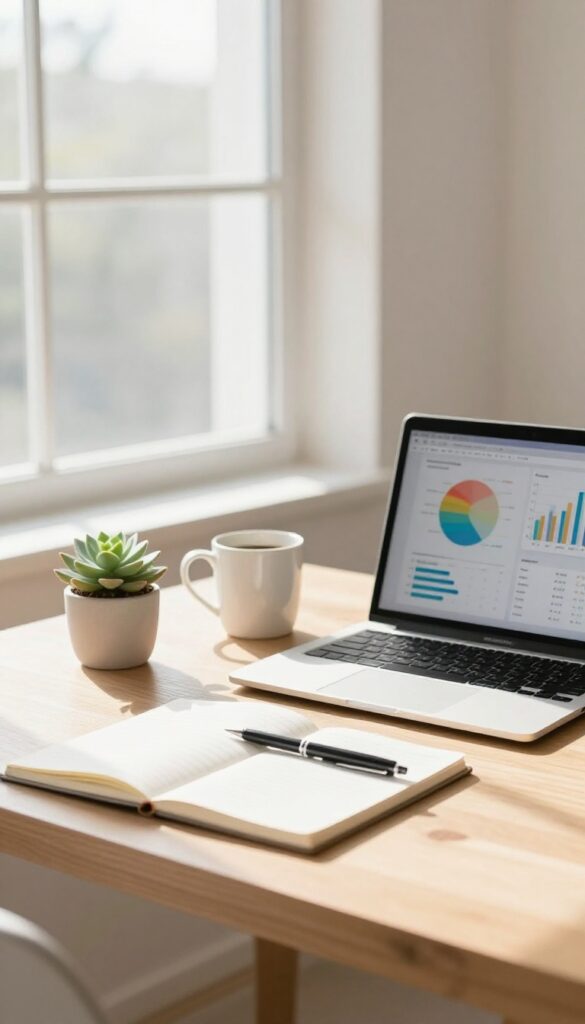Bright blogger workspace with a laptop showing colorful abstract analytics graphs on a wooden desk by a sunny window