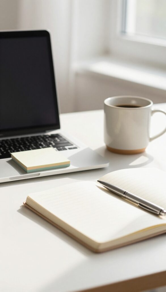 Bright minimalist blogging workspace with a laptop, coffee mug, and notebook in soft natural light