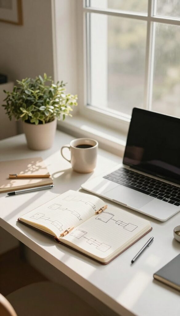 Bright writing desk with an open notebook showing a hand-drawn flexible range marked by two clothespins, a laptop, coffee, and a small plant in natural light