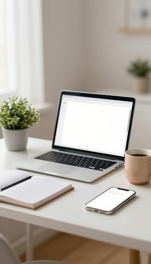 Bright home desk with a laptop and phone showing blank writing documents, coffee, and a small plant in natural light