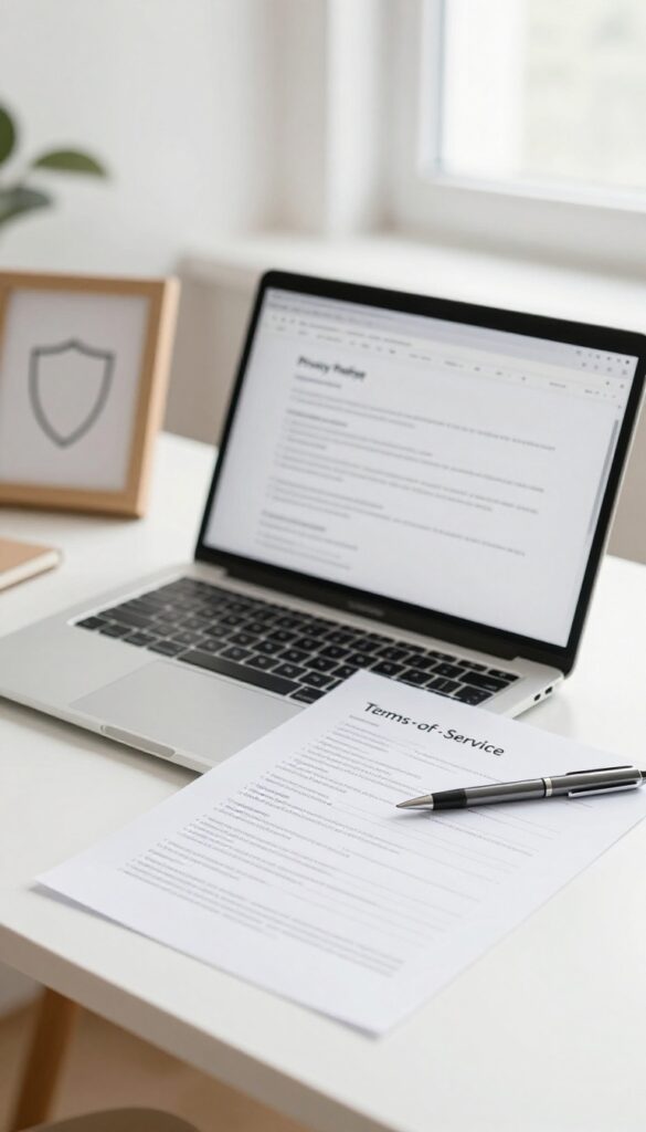 Clean home office desk with a laptop showing a privacy policy page and printed legal documents, natural light