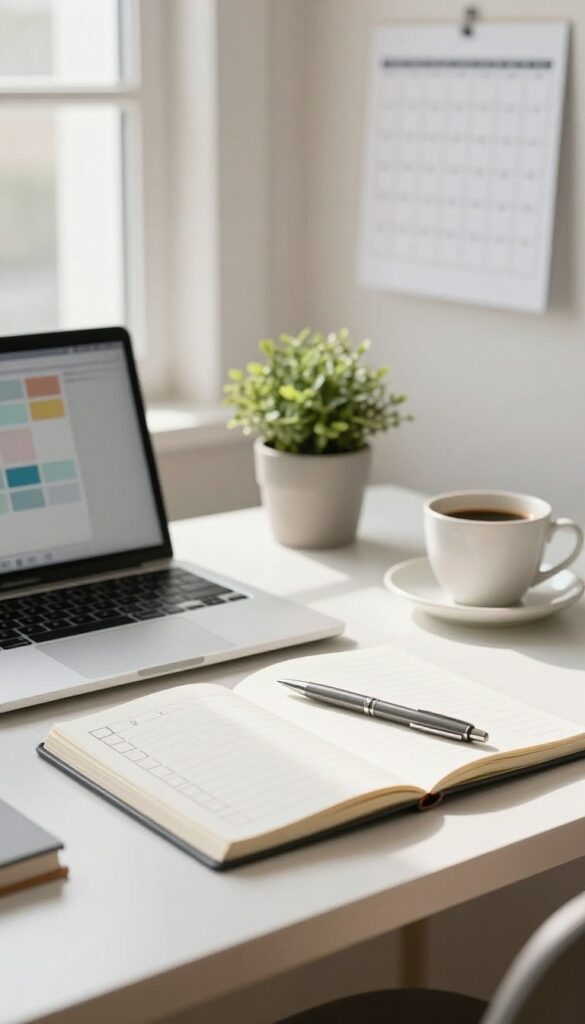 Bright home office desk with a laptop showing blank colored category tiles, a notebook checklist, a pen, coffee, and a wall calendar for a regular blog category review