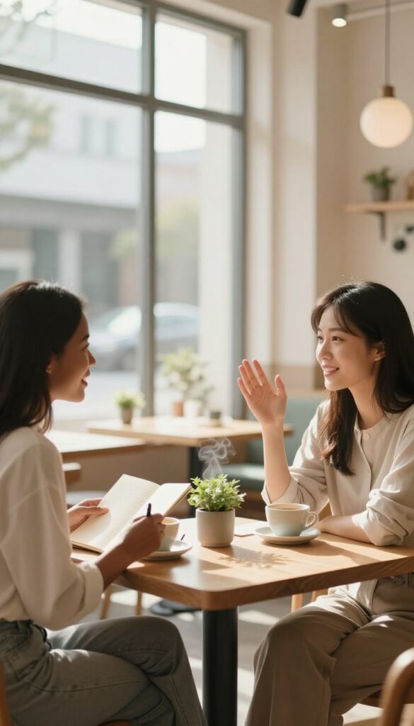 Two women chatting over coffee at a sunlit cafe table, one taking notes while the other shares her story