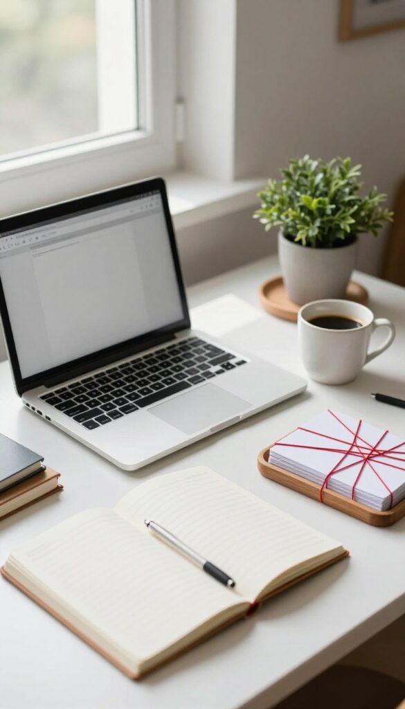 Bright desk scene with a laptop, notebooks, coffee, and index cards linked by red string to represent internal links between blog posts