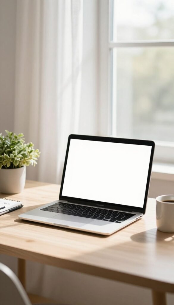 Bright home office desk with a laptop, blank notepad, coffee mug, and plant in soft natural light, suggesting a blogger writing a disclaimer page