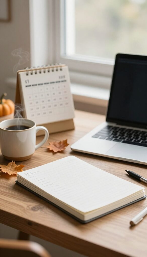 Cozy bright home office desk with an open laptop, stacked notebooks, coffee mug, desk calendar, and small autumn decor while a blogger batch writes seasonal posts