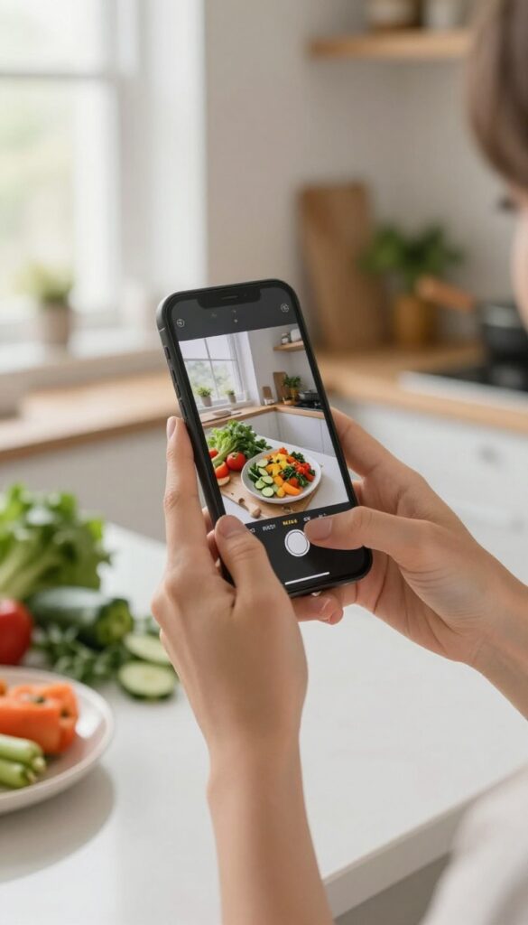 Hands holding a smartphone filming a quick recipe video in a bright kitchen, representing short-form Idea Pins that attract new viewers