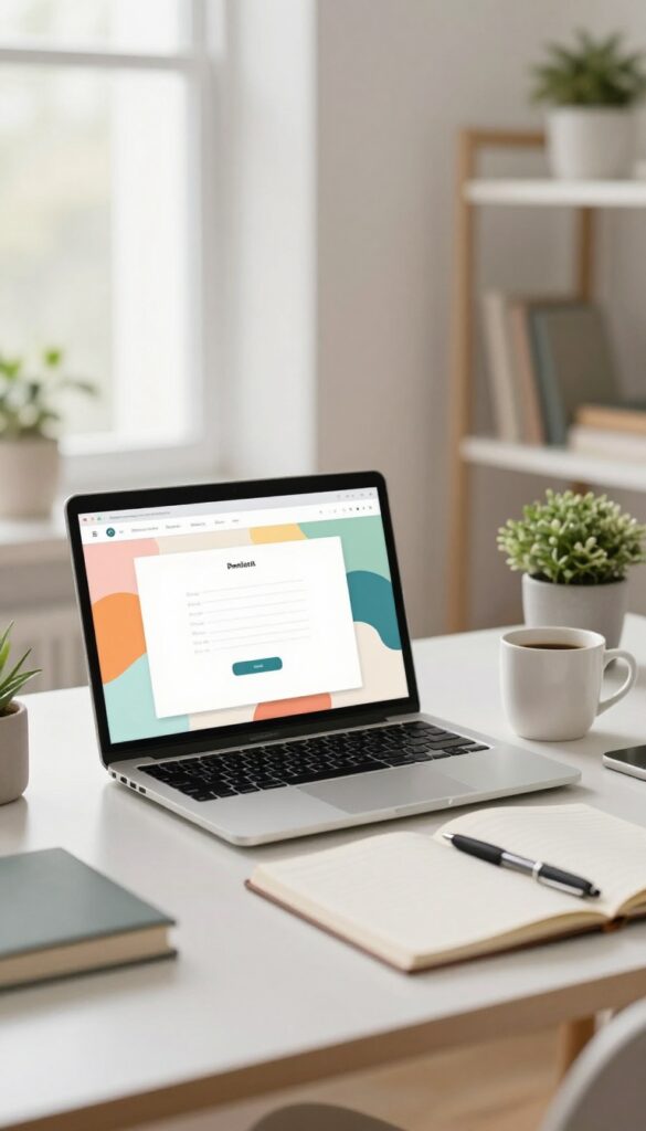 Bright home office desk with a laptop showing an email landing page builder, coffee mug, plant, and notebook in natural light