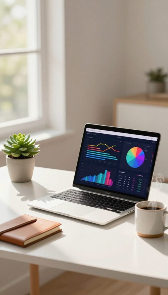 Bright home office desk with a laptop showing abstract colorful analytics charts, a plant, notebook, and coffee in natural light