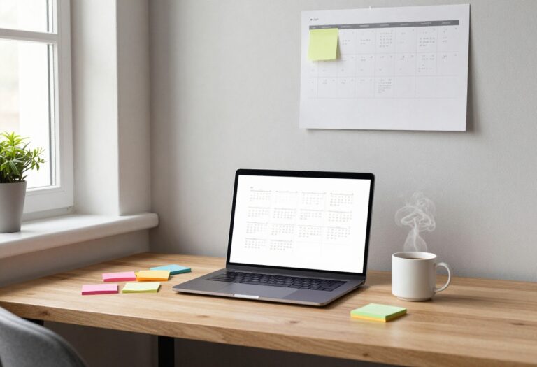 Blogger's desk with a seasonal content calendar, laptop, and coffee
