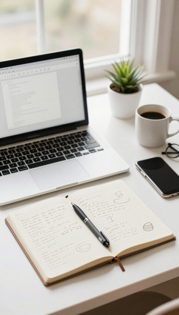 Bright home office desk with an open laptop, notebook with abstract scribbles, coffee mug, and plant in natural light