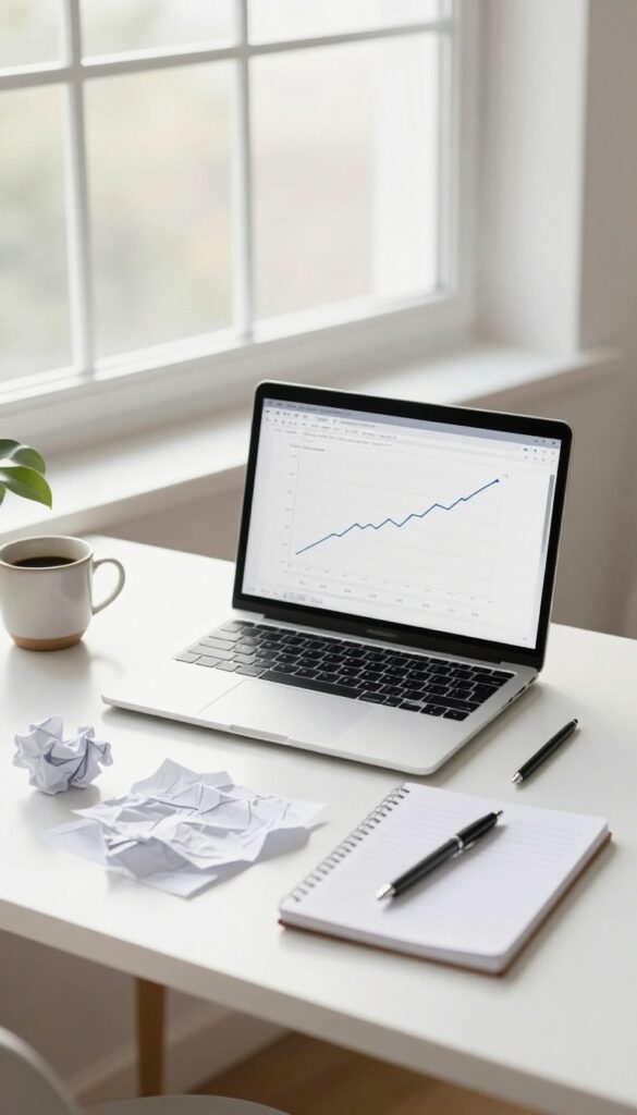 Bright desk with a laptop showing a simple analytics graph, a crumpled paper draft, and a fresh notebook page in natural light