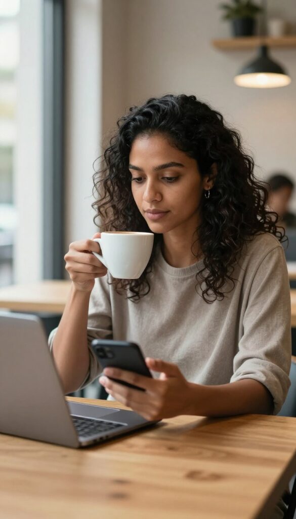 Woman checking her phone during a coffee break, illustrating how reader attention spans shape blog post length