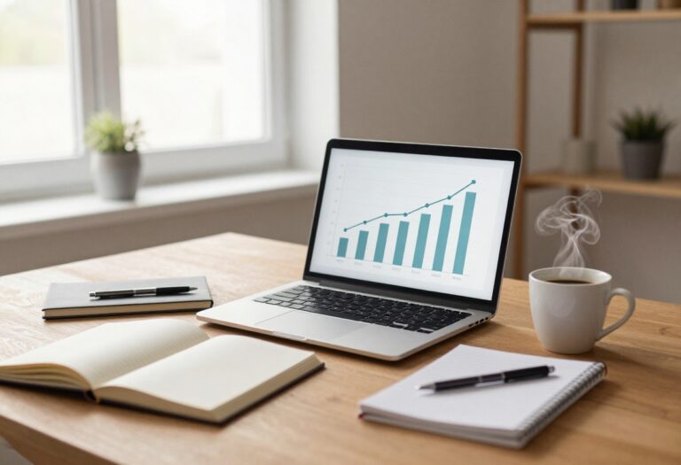 Beginner blogger working on SEO at a desk with laptop and coffee
