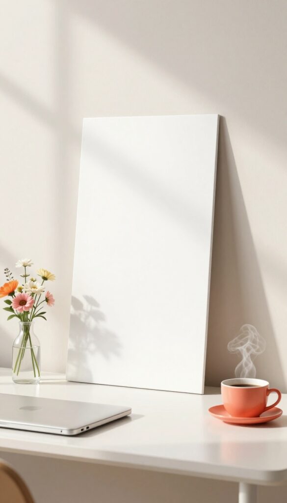 Bright vertical workspace scene with a tall blank card, laptop, flowers, and coffee in natural light, styled for a Pinterest blog aesthetic