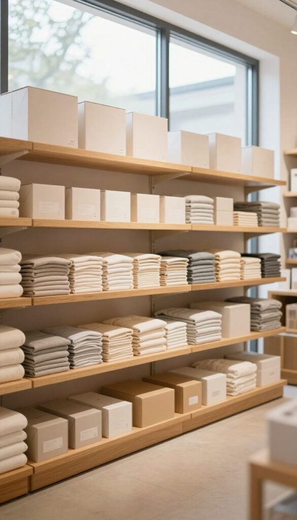 Bright small shop interior with seven neat parallel aisles of plain unlabeled goods in warm natural light