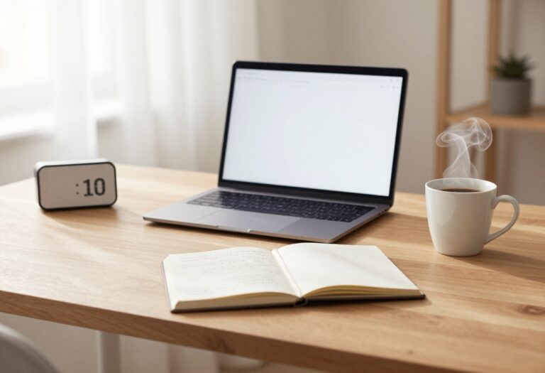 A blogger's desk with a laptop, notebook, coffee, and timer set up for faster writing.