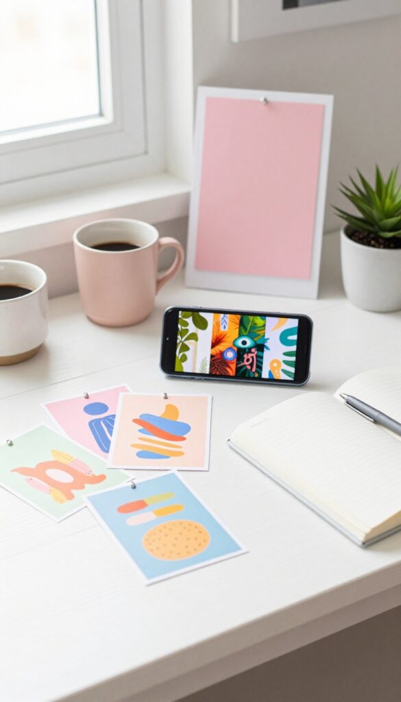 Bright flat-lay of a blogger's desk with colorful blank pin cards, a phone showing a short video, and a dedicated pinboard, illustrating a mini Pinterest campaign for one blog post