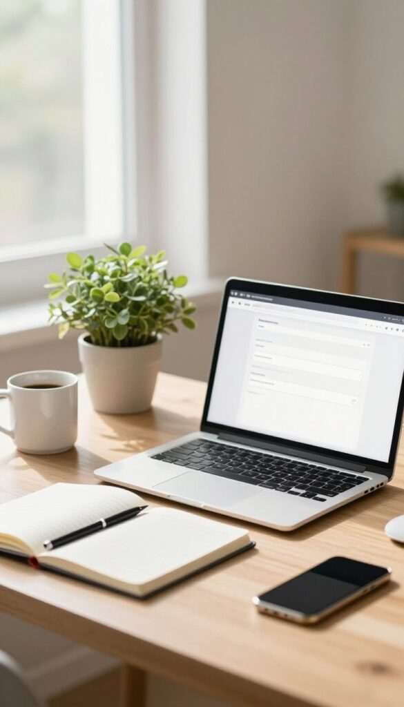 Bright home workspace with an open laptop, coffee mug, and plant set up for collecting newsletter subscribers