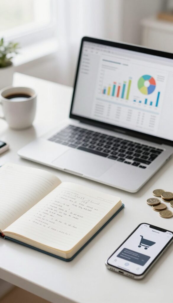 Bright desk flat lay with a laptop showing analytics, a notebook, coffee, a phone with a shopping cart icon, and coins, representing blog monetization strategy