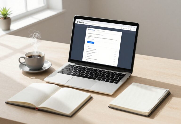 Laptop showing a blog dashboard on a tidy desk with notebook and coffee