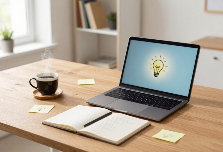 A blogger's desk with a laptop, notebook, coffee, and sticky notes representing creative blog post ideas.