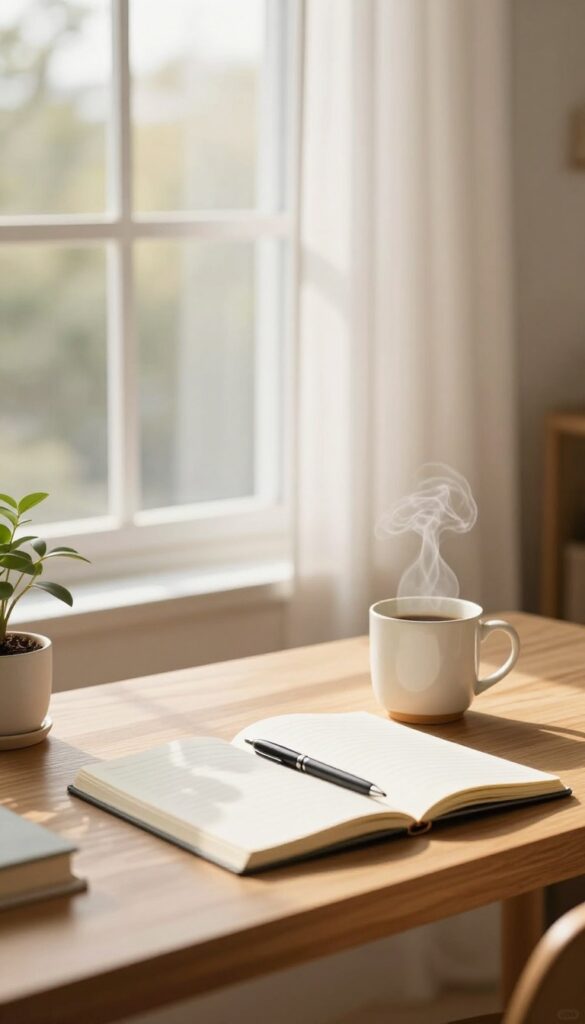 Sunlit home desk with an open blank notebook, pen, coffee mug, and a small plant by a bright window, suggesting a quiet moment of starting a new blog