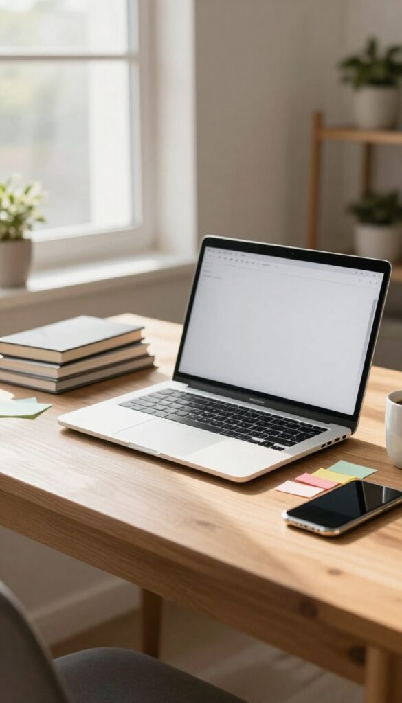 Bright clean desk workspace with an open laptop, notebooks, coffee mug, and a small plant in natural morning light, set up for a focused research and writing session