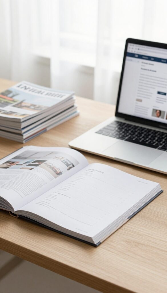A clean desk with a few magazines and a laptop showing a simple, uncluttered blog sidebar with a short list of blank category buttons, lit by bright natural light.