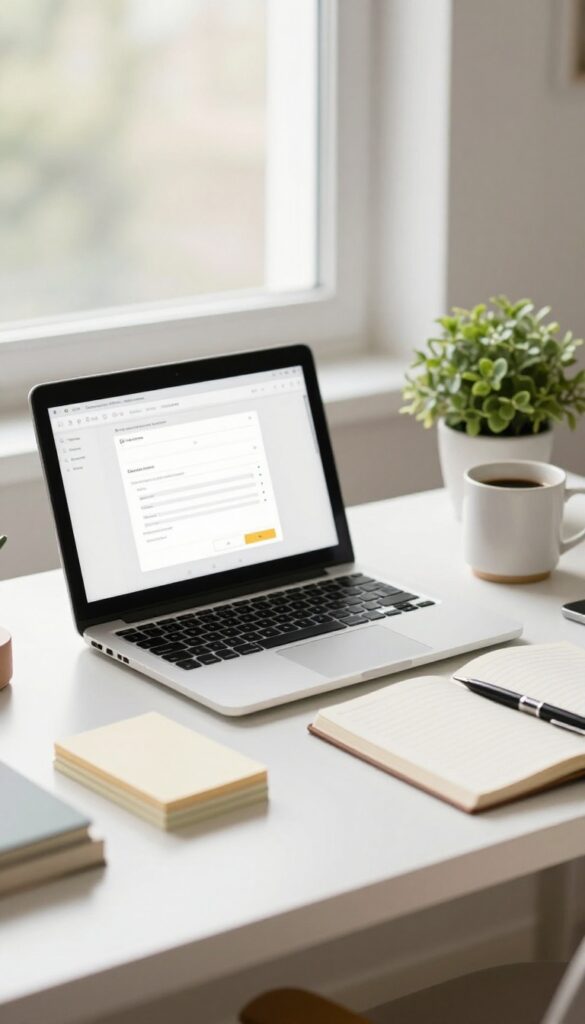 Bright home office desk with an open laptop, a stack of five blank note cards, coffee mug, and a plant in soft natural light