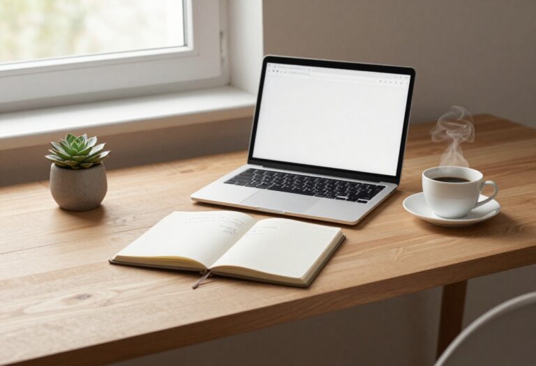 Blogger's desk with laptop, notebook, and coffee, planning blog post length.