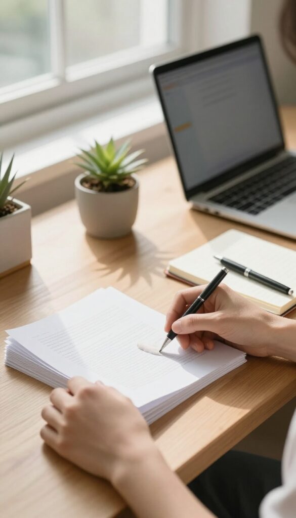 Hands refreshing and dusting printed blog pages on a bright home office desk beside a small potted seedling and open laptop