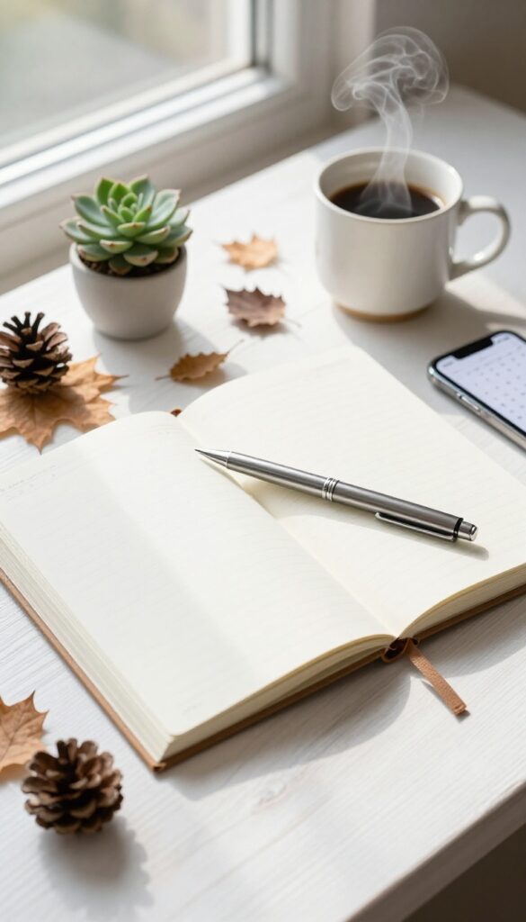 Bright flat lay of a blank planner, coffee mug, autumn leaves, and a small plant on a white table, styled for seasonal blog content planning