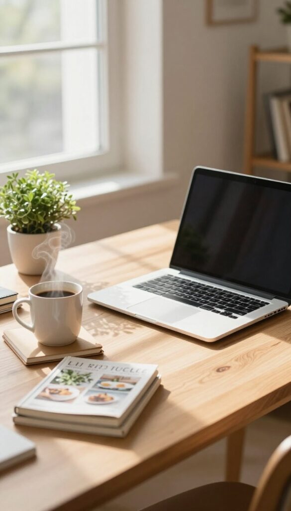 Bright home desk with an open laptop, coffee mug, notebooks, and a plant in soft morning light, suggesting a cozy workspace for choosing a blog niche