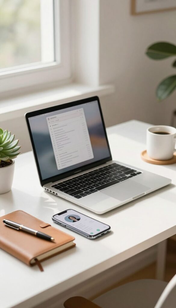 Bright sunlit blogger desk with an open laptop and smartphone showing a profile settings screen, representing claiming a website on Pinterest