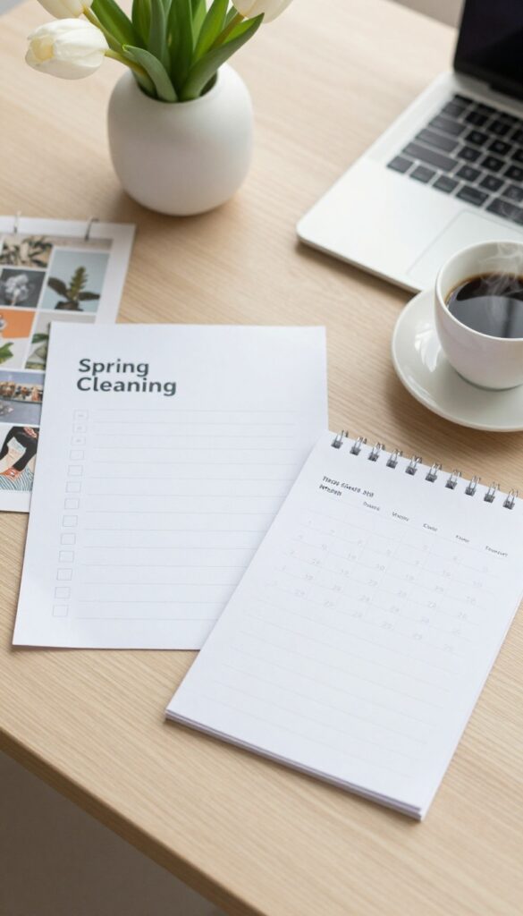 Bright flat lay of printable seasonal checklists, recipe cards, a mood board, coffee, and tulips on a desk, styled as a cozy blog freebie scene