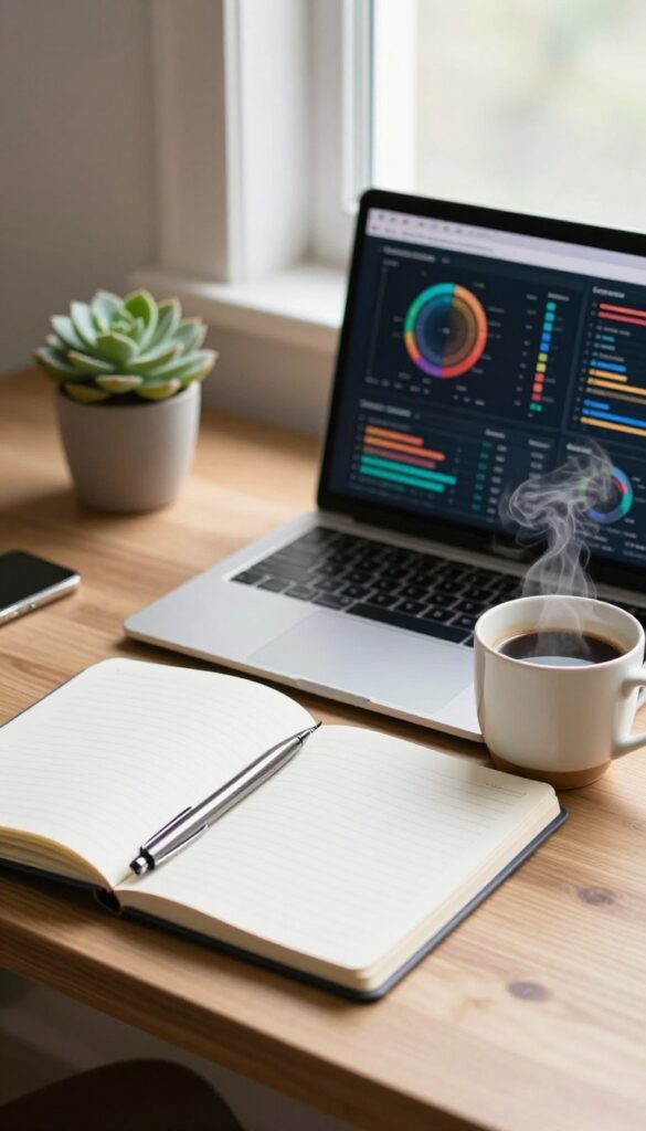 Bright home office desk with an open laptop showing an abstract analytics dashboard, a blank notebook, coffee, and a plant in natural morning light