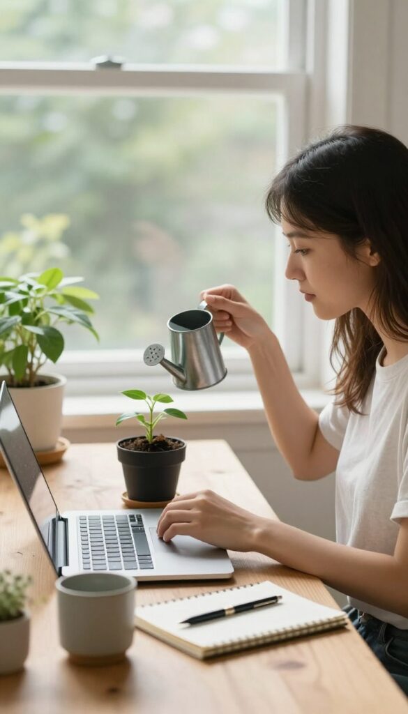 Young blogger watering a small seedling at a bright desk with a laptop, symbolizing patient and consistent SEO growth