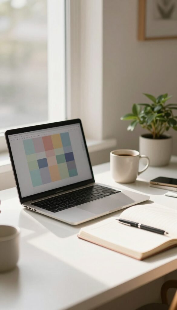 Bright home desk setup with a laptop, coffee, plant, and notebook for creating digital products to sell on a blog
