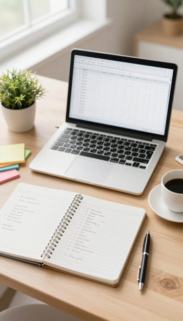 Bright desk workspace with an open laptop showing a blank spreadsheet, a notebook, and colorful sticky notes arranged for planning a content calendar