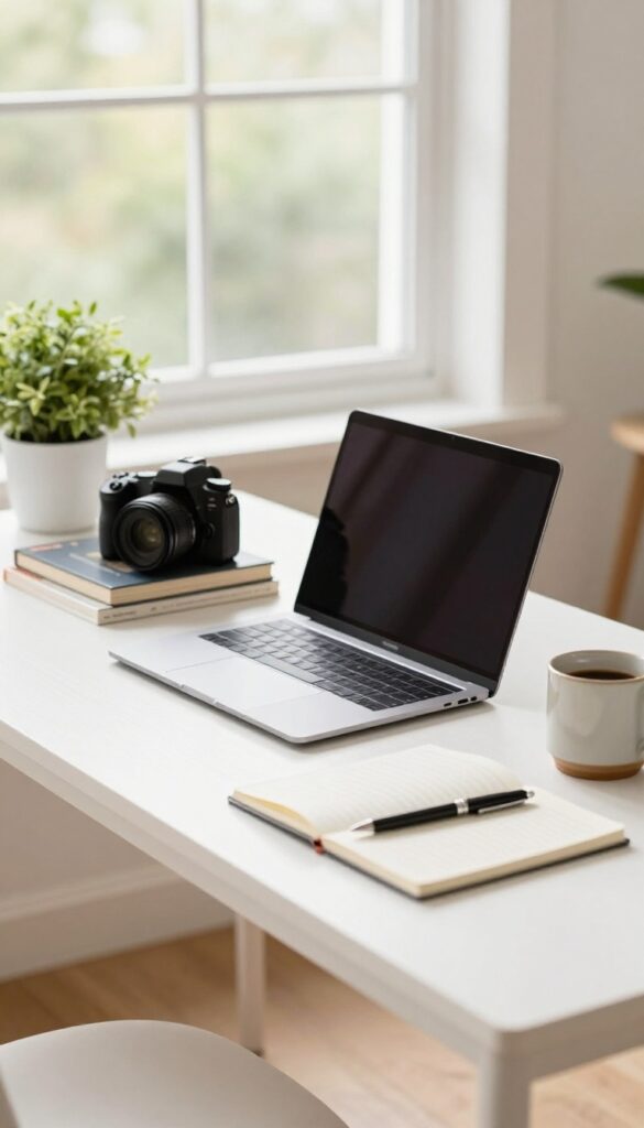 Bright home office desk with laptop, camera, books, and coffee arranged in natural light, illustrating blog content organized around products and monetization goals