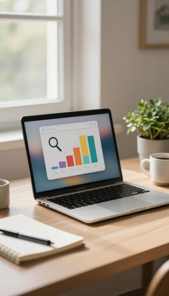Bright home desk with a laptop showing an abstract keyword research chart, notebook, plant, and coffee mug in natural light