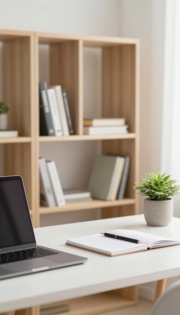 Bright home office with a wooden bookshelf holding a few books with space to grow, a laptop, and a plant on a clean desk