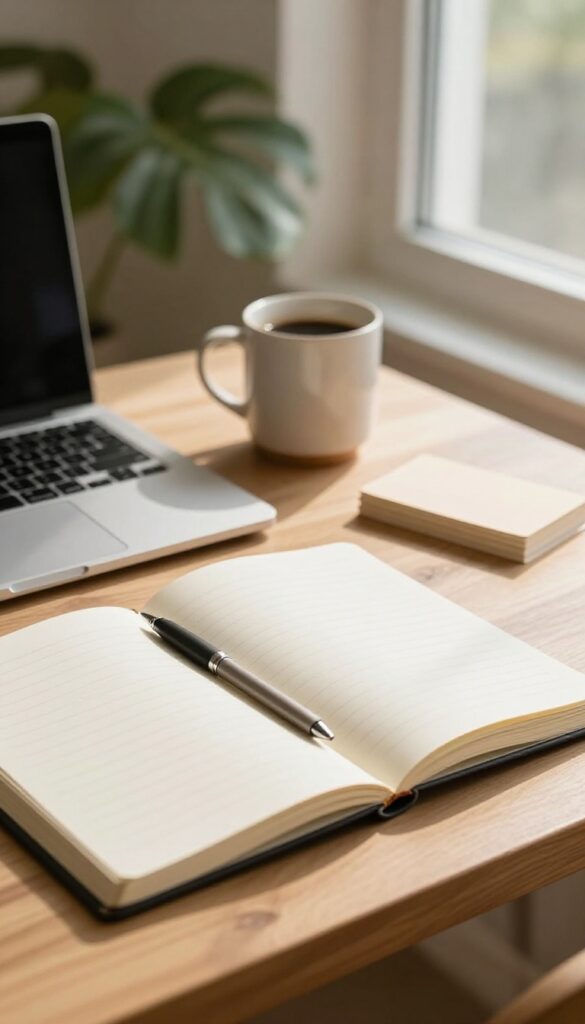 Bright writing desk with an open notebook, pen, analog timer, coffee mug, and laptop beside a sunny window